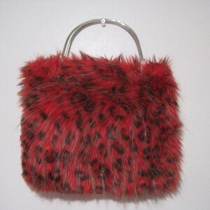 Red Leopard Print Metal Handles Black Interior Small Furry Purse Handbag 10 x 9
